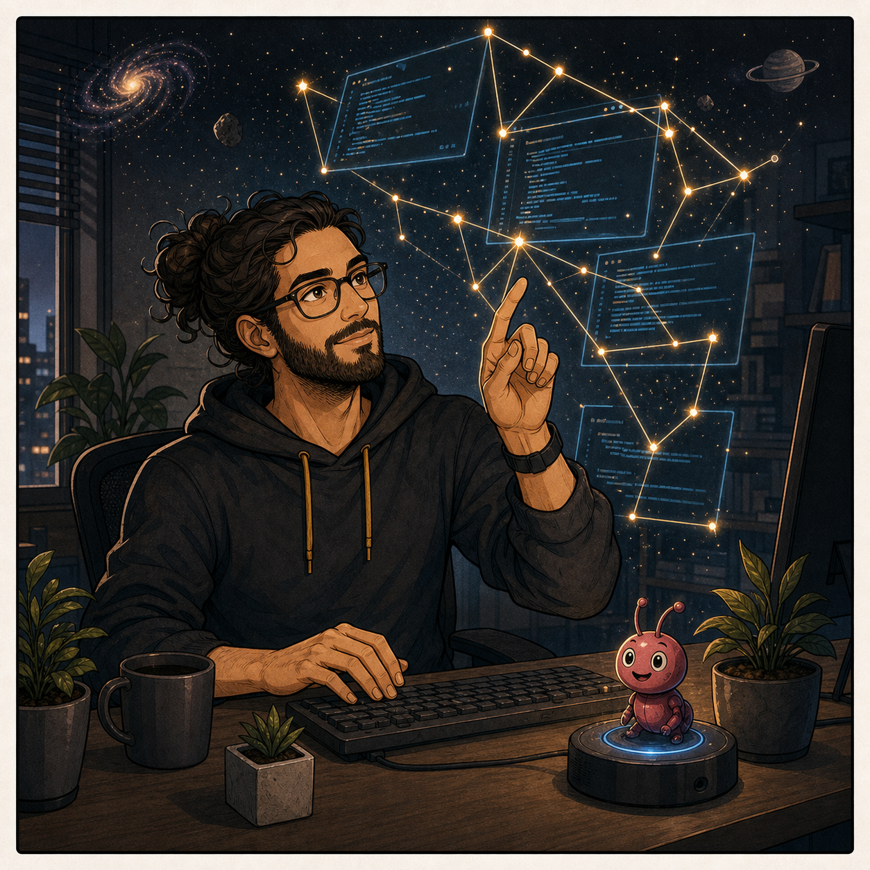 Illustration der Nerd- und Figurenwelt rund um 404 – Das Leben hat Bugs