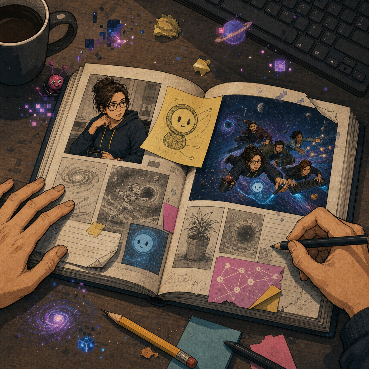 Illustration eines geöffneten, kreativ bearbeiteten Mitmachbuchs