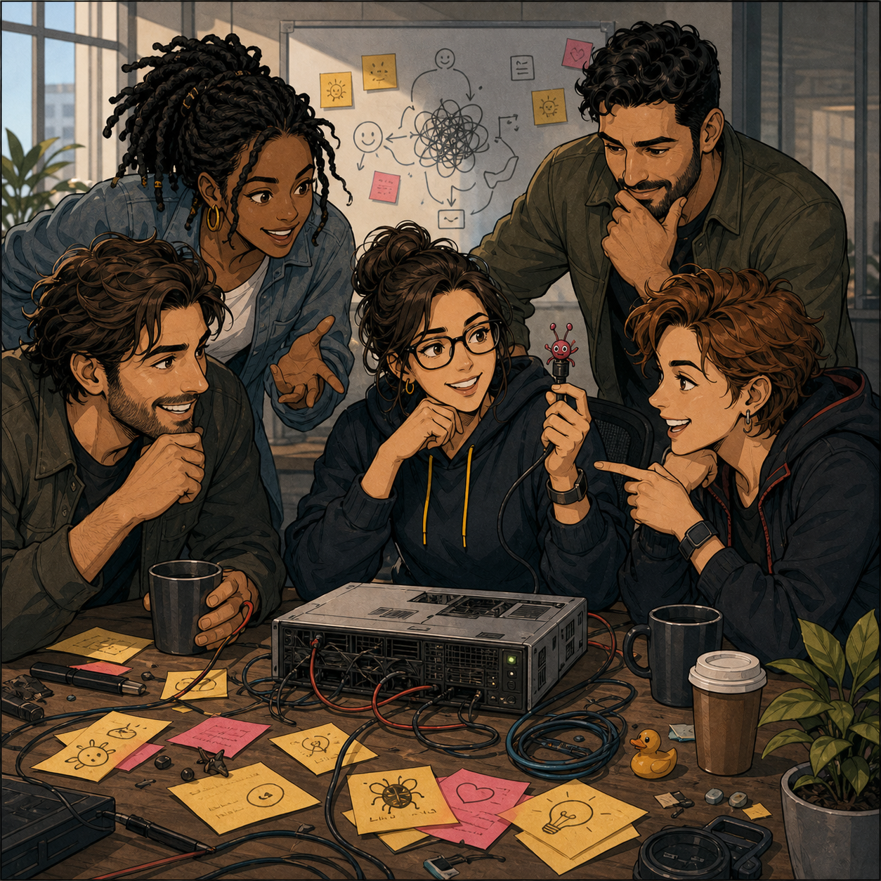 Illustration einer Gruppe aus der Buchwelt bei einem technischen Rätsel